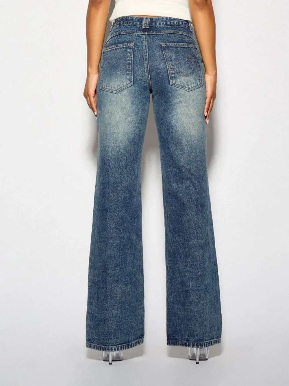 Blue Casual Women's Wide Flared Denim Jeans With Side Button Detail